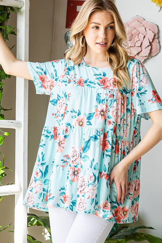 ET7279-10 FLORAL TIERED TOP: MINT / 2-2-2 (1X-2X-3X)