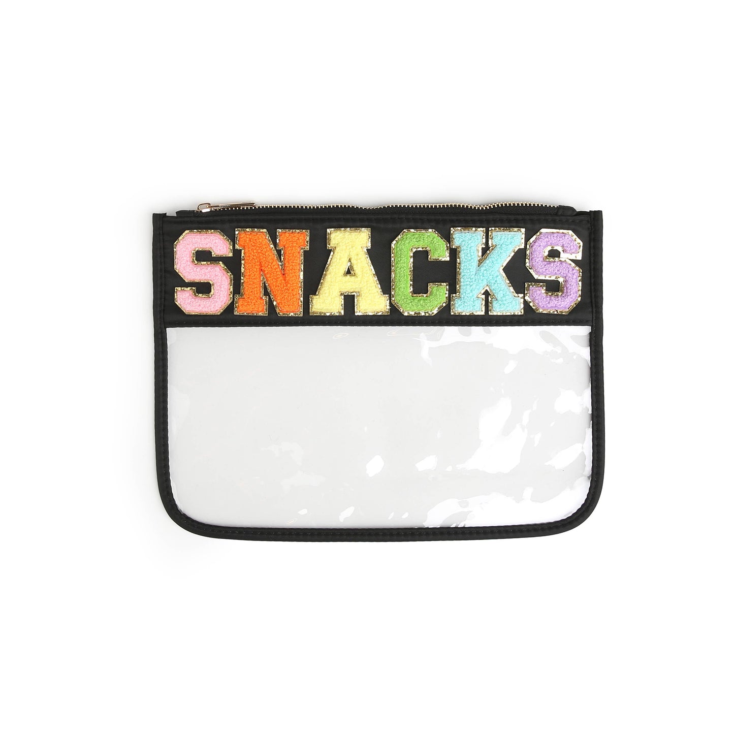 Varsity Letter Patch Clear Zippered Pouch Bag: Purple with THINGS