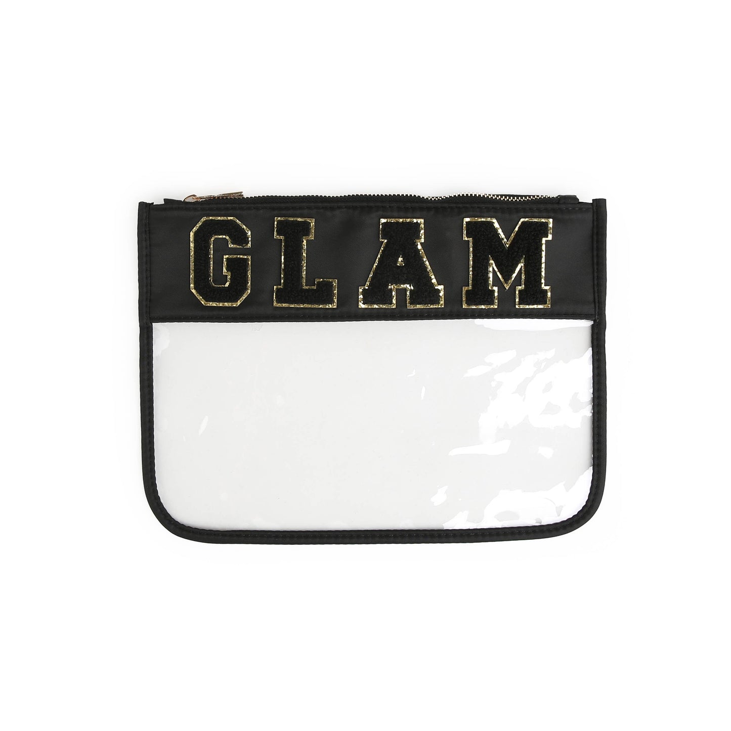 Varsity Letter Patch Clear Zippered Pouch Bag: Purple with THINGS