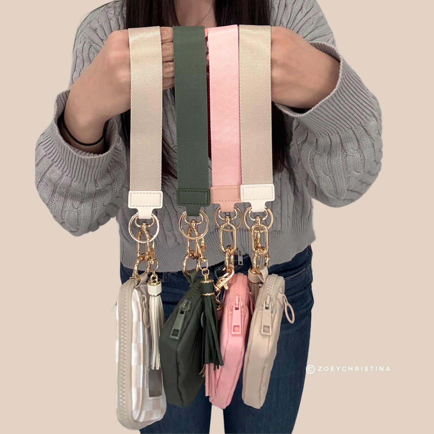 Tassel Zipper Wristlet Wallet with Clear ID Slot – 4 Colors: Beige Check