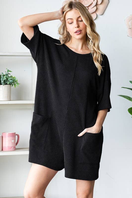 EP6832-10 SHORT SLEEVE SOLID URBAN RIBBED ROMPER: DENIM VINTAGE / 2-2-2 (S-M-L)