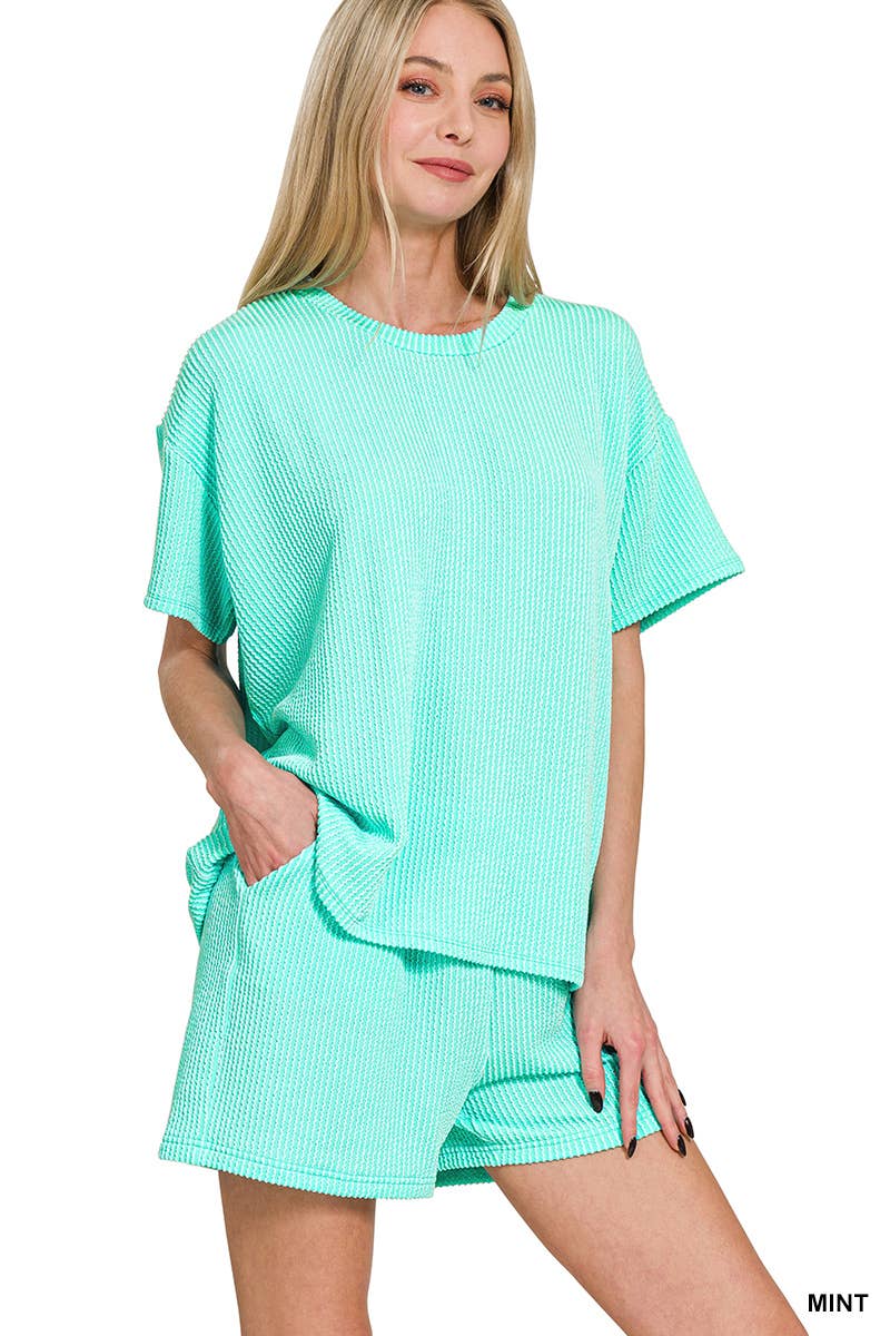 `.Corded Rib Short Sleeve Tee & Short Pants 2PC Set: DUSTY BLUE-183672 / L