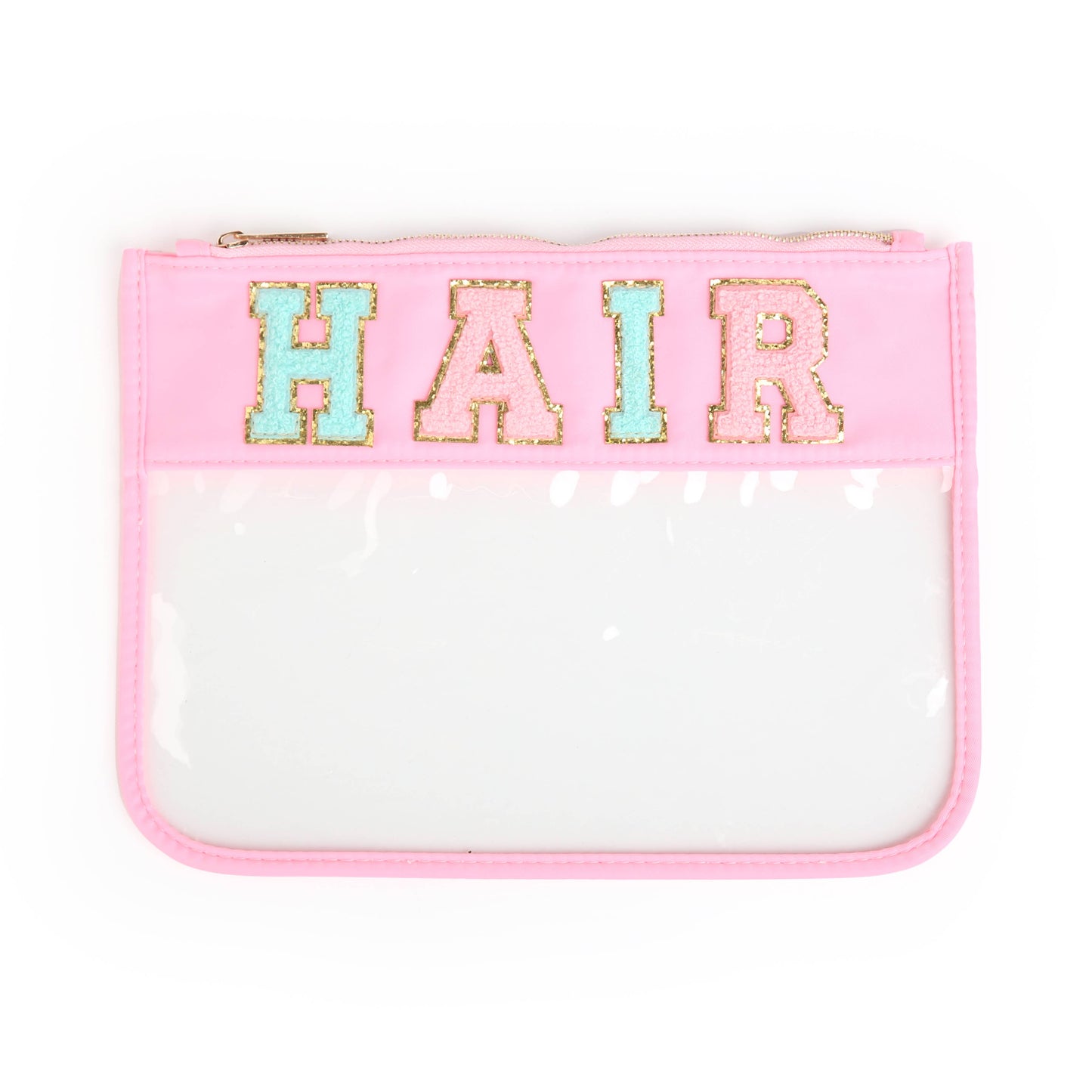 Varsity Letter Patch Clear Zippered Pouch Bag: Purple with THINGS