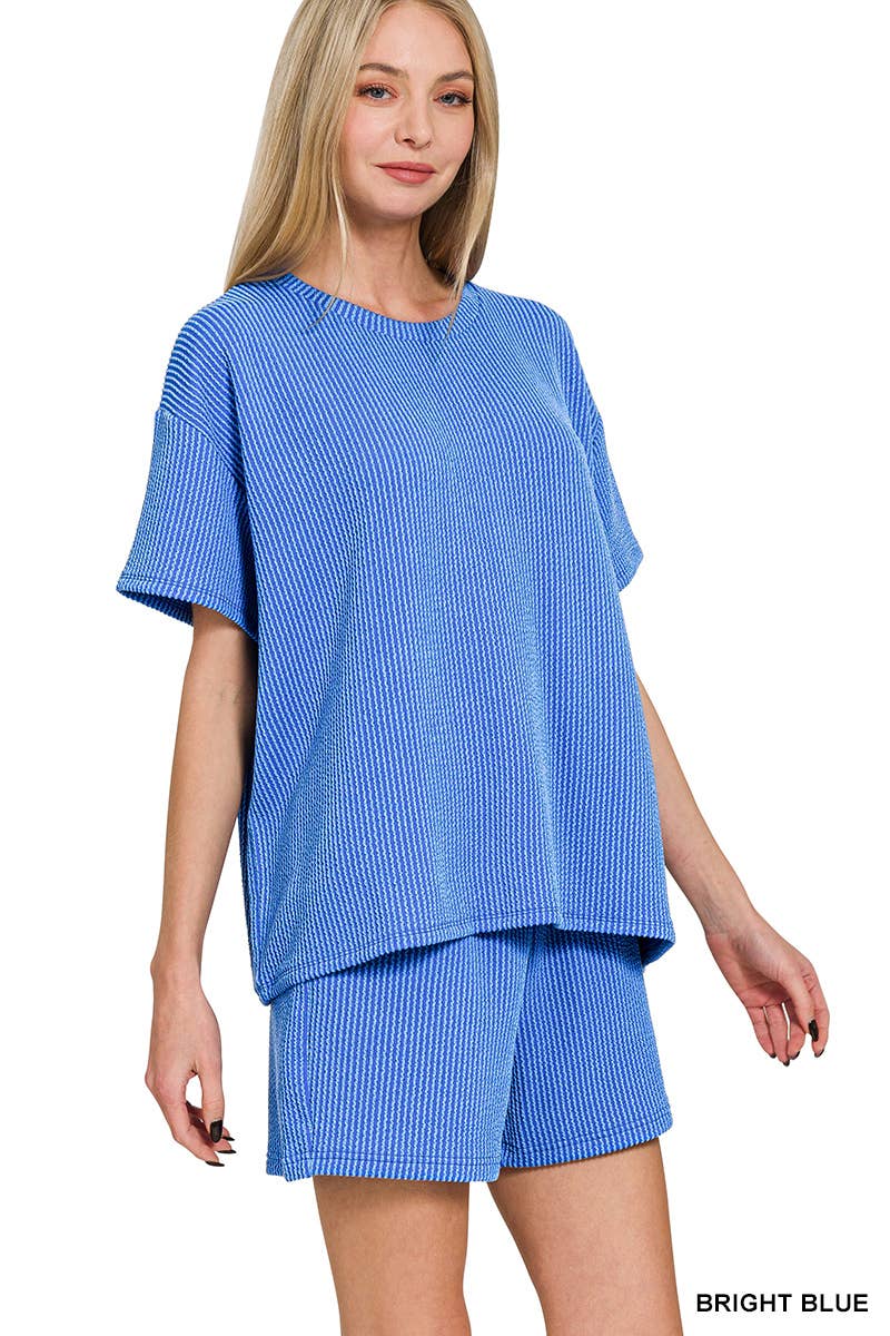 `.Corded Rib Short Sleeve Tee & Short Pants 2PC Set: DUSTY BLUE-183672 / L