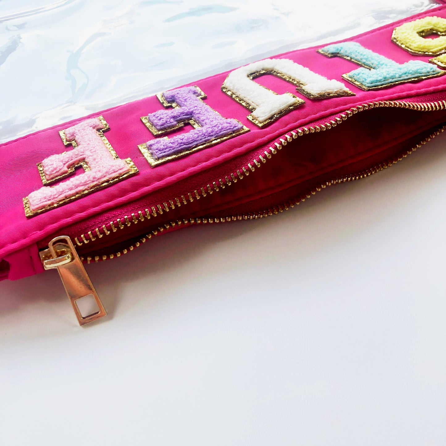 Varsity Letter Patch Clear Zippered Pouch Bag: Pink with STUFF
