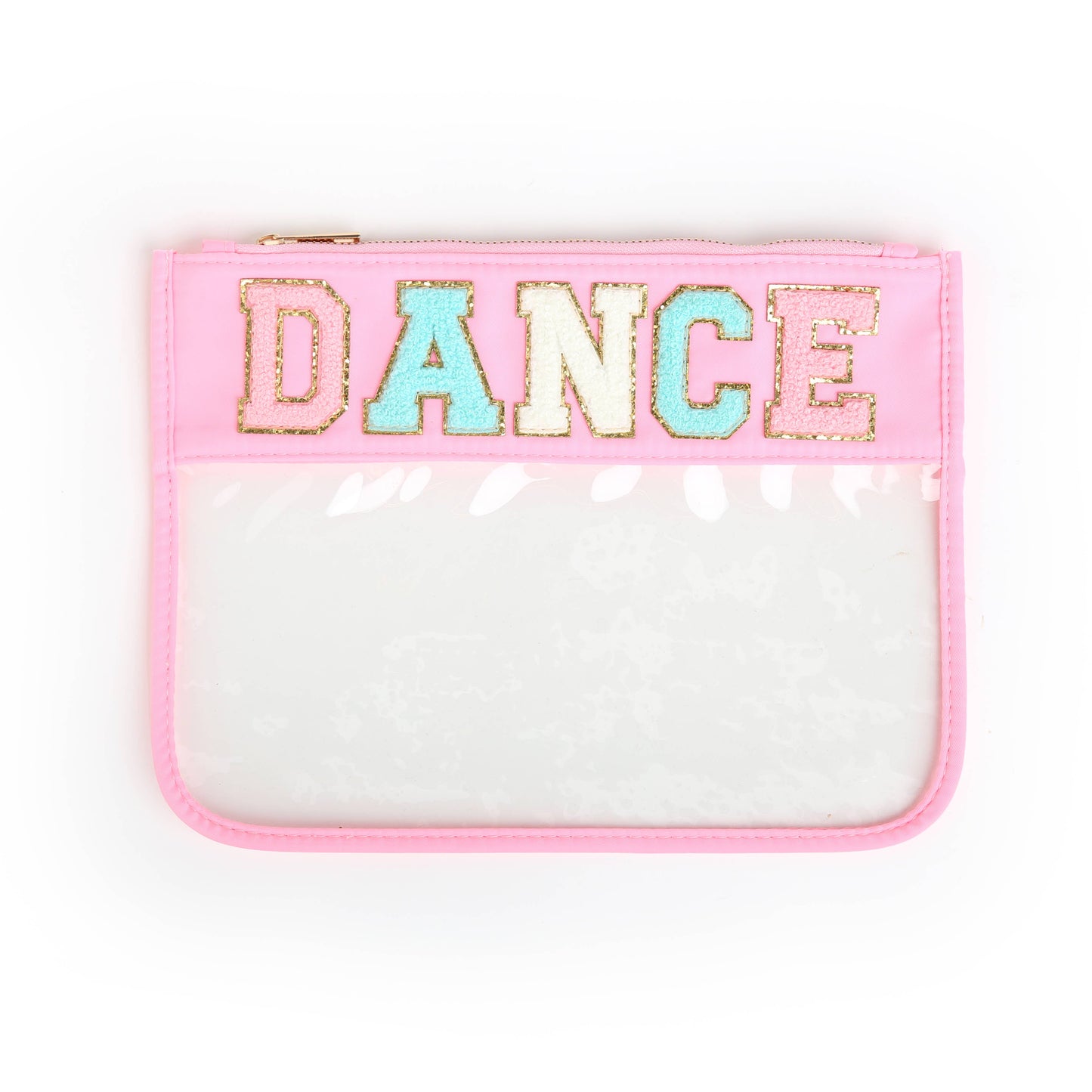 Varsity Letter Patch Clear Zippered Pouch Bag: Pink with STUFF