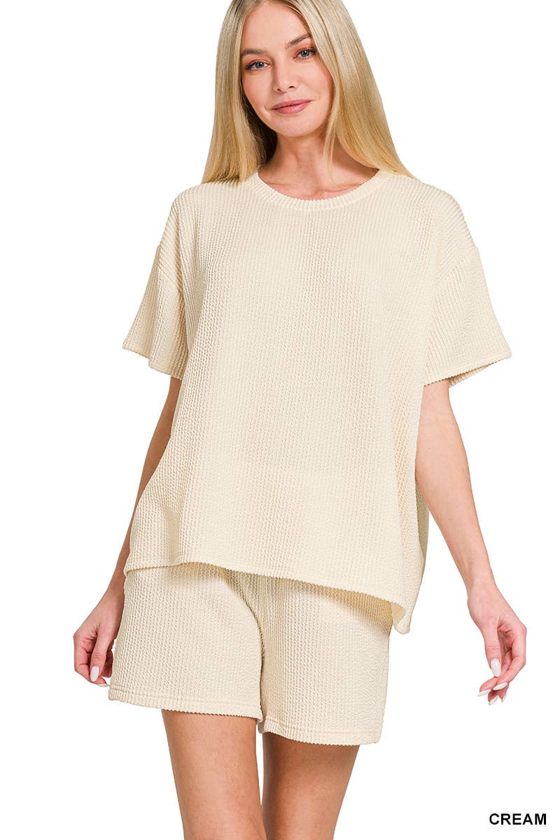 `.Corded Rib Short Sleeve Tee & Short Pants 2PC Set: DUSTY BLUE-183672 / S