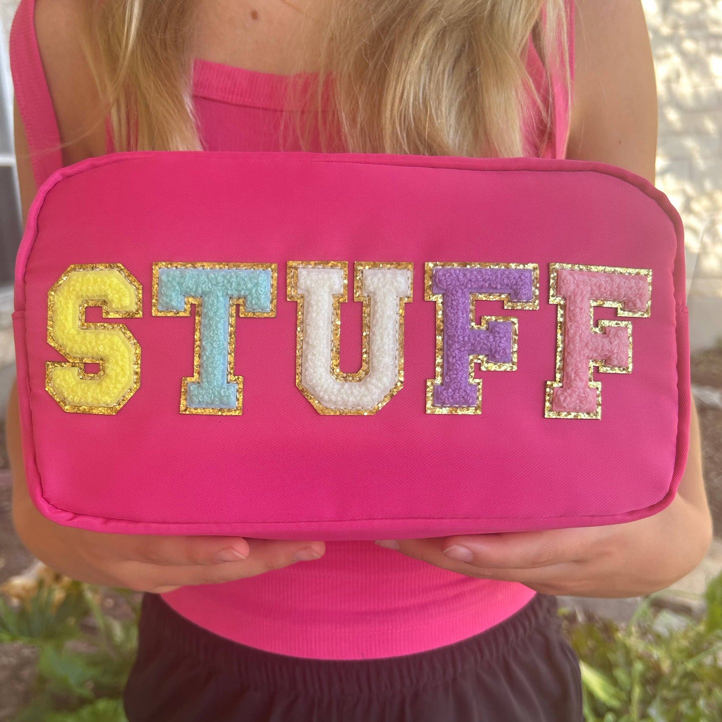 Cosmetic or Toiletry Bag with Varsity Letter Patches: Light Blue with SKIN