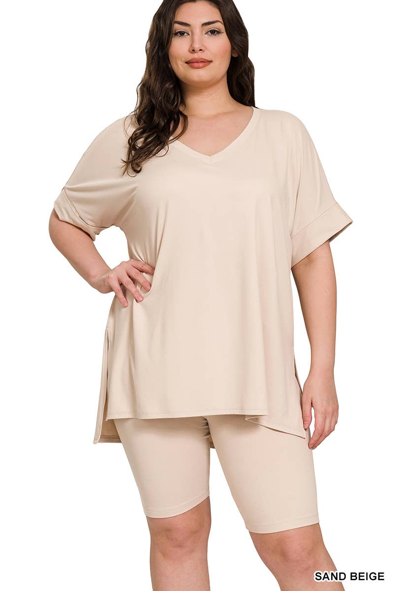 SI-19985 Plus size Hi Low Hem Top & Biker Shorts 2pc Set: +ASHGREY-139919 / 3X
