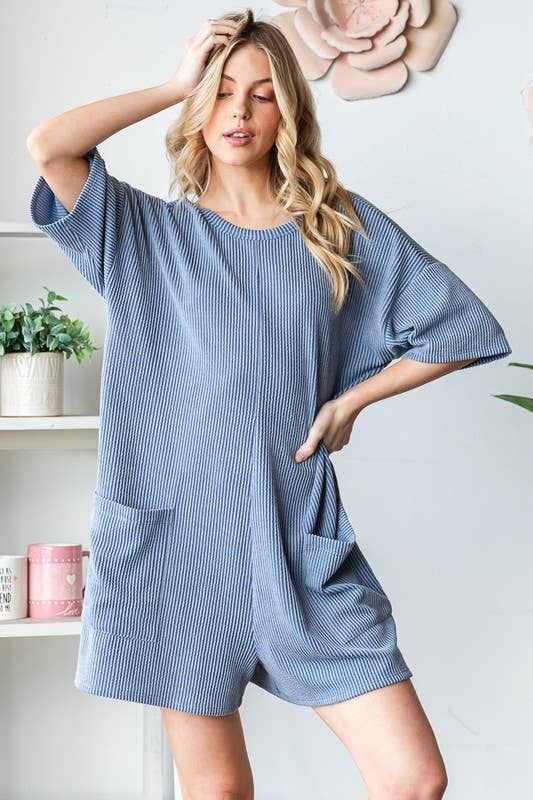 EP6832-10 SHORT SLEEVE SOLID URBAN RIBBED ROMPER: SAGE / 2-2-2 (S-M-L)