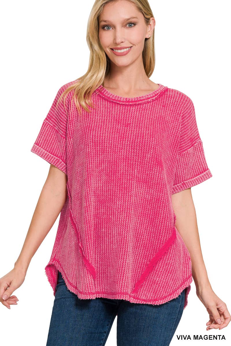 `.Washed Baby Waffle Top w/ back patch: DEEP SKY-162396 / S/M