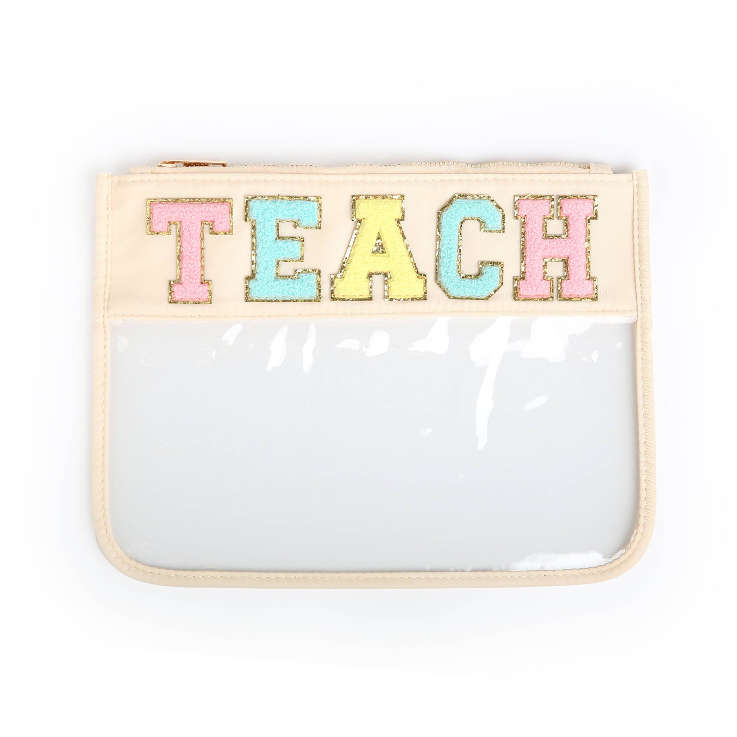 Varsity Letter Patch Clear Zippered Pouch Bag: Pink with STUFF