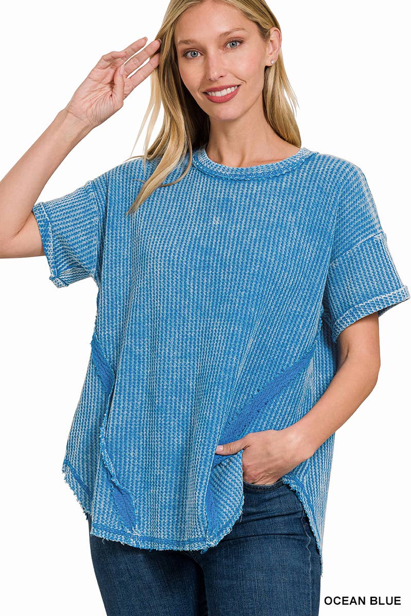 `.Washed Baby Waffle Top w/ back patch: DEEP SKY-162396 / S/M