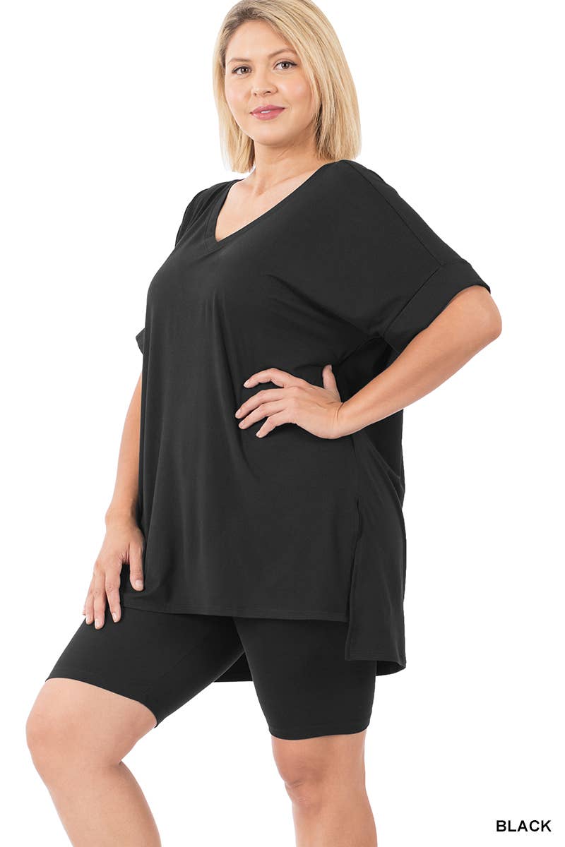 SI-19985 Plus size Hi Low Hem Top & Biker Shorts 2pc Set: +ASHGREY-139919 / 2X