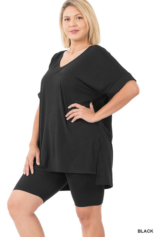 SI-19985 Plus size Hi Low Hem Top & Biker Shorts 2pc Set: +ASHGREY-139919 / 2X