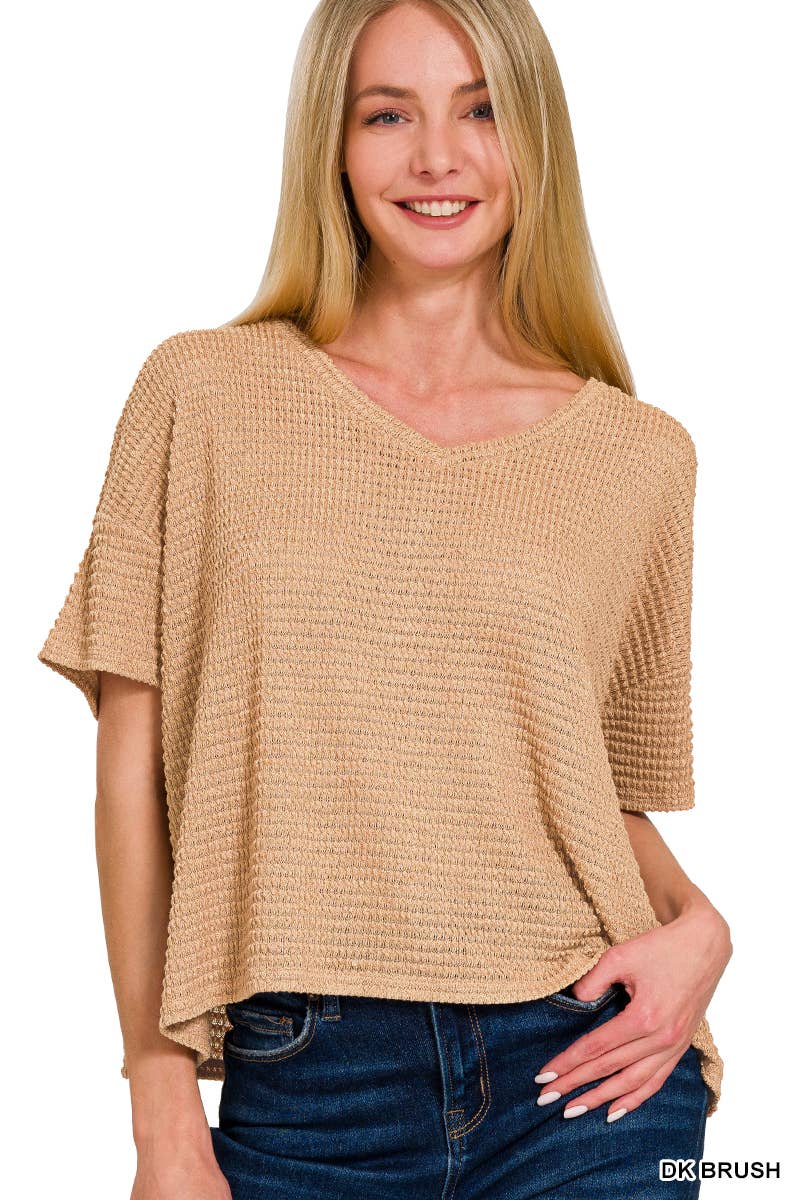 `.Textured Relaxed Fit Summer Sweater w/ back patch: SAND BEIGE-162821 / S/M
