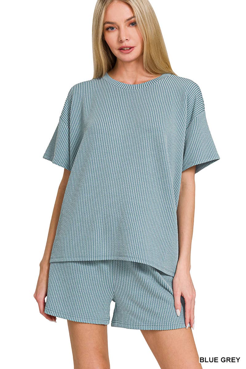 `.Corded Rib Short Sleeve Tee & Short Pants 2PC Set: DUSTY BLUE-183672 / M