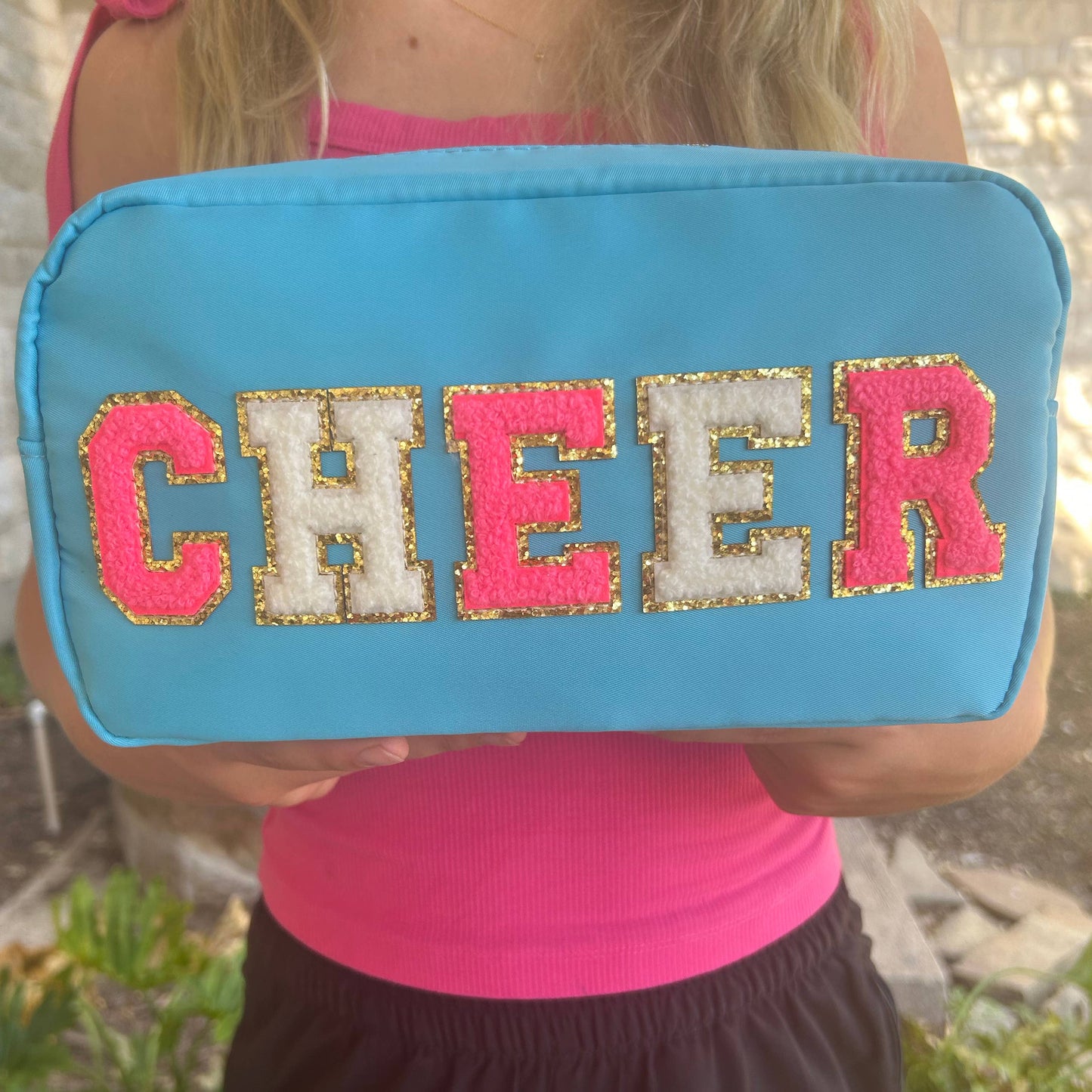 Cosmetic or Toiletry Bag with Varsity Letter Patches: Dark Pink with 3 smile patches