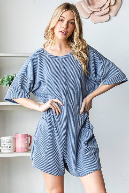 EP6832-10 SHORT SLEEVE SOLID URBAN RIBBED ROMPER: SAGE / 2-2-2 (S-M-L)