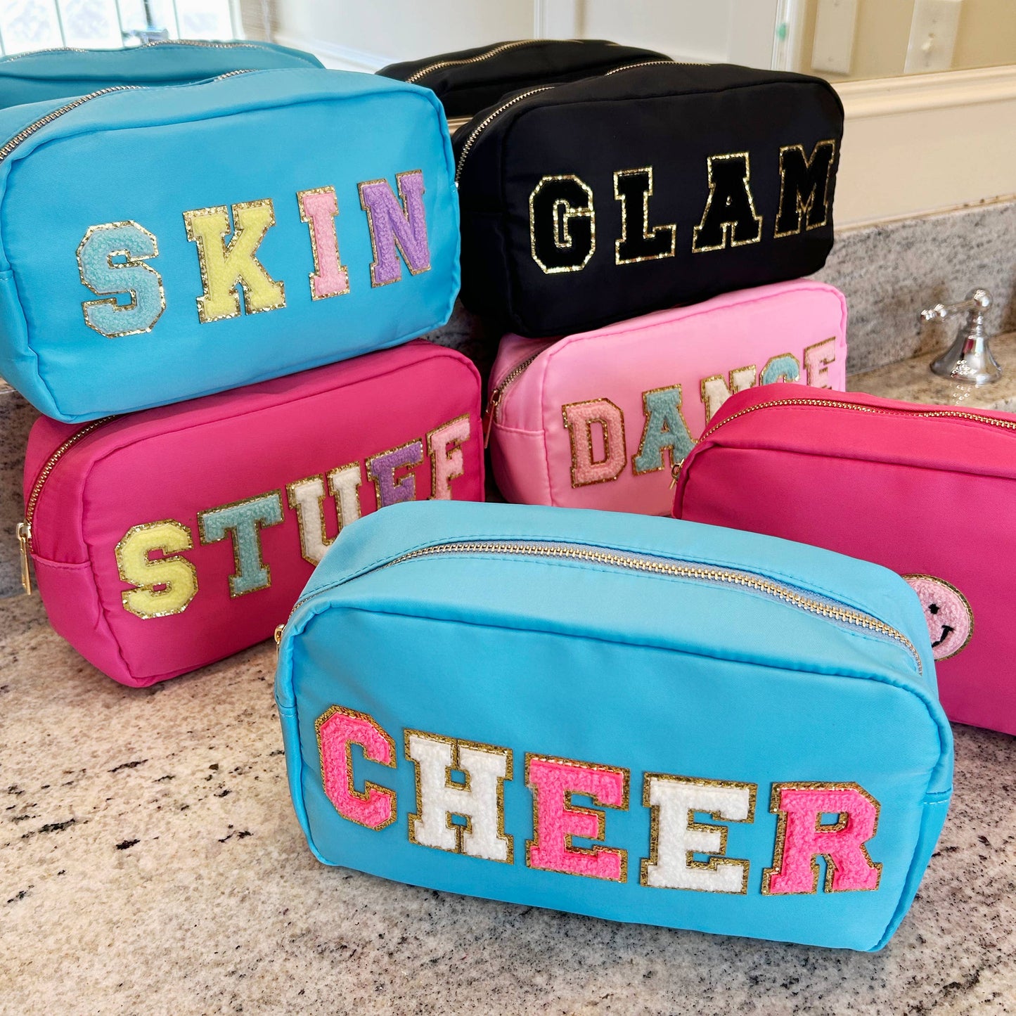 Cosmetic or Toiletry Bag with Varsity Letter Patches: Dark Pink with STUFF