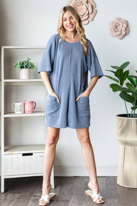 EP6832-10 SHORT SLEEVE SOLID URBAN RIBBED ROMPER: SAGE / 2-2-2 (S-M-L)
