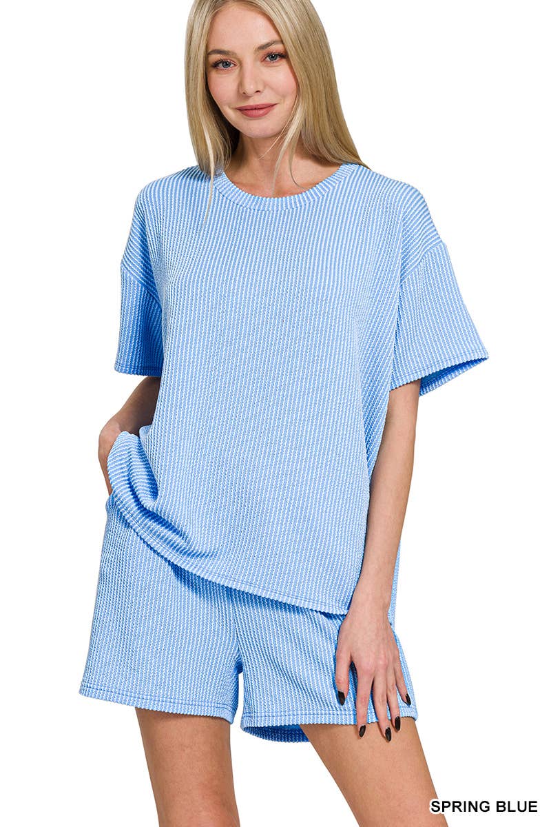 `.Corded Rib Short Sleeve Tee & Short Pants 2PC Set: DUSTY BLUE-183672 / XL