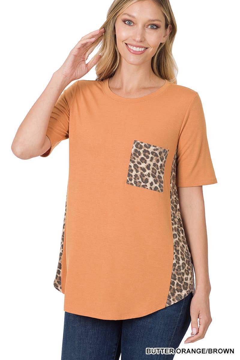 Contrast Side Panel Leopard Front Pocket Top: DEEP CAMEL/BROWN / 1-1-2-2 (S-M-L-XL)