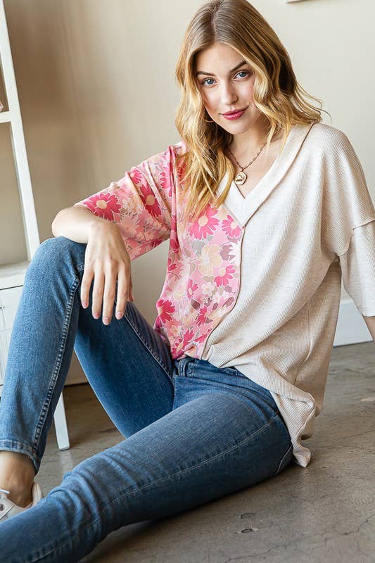 ET7547-12 SOLID AND FLORAL TOP: PEACH / 2-2-2 (1X-2X-3X)