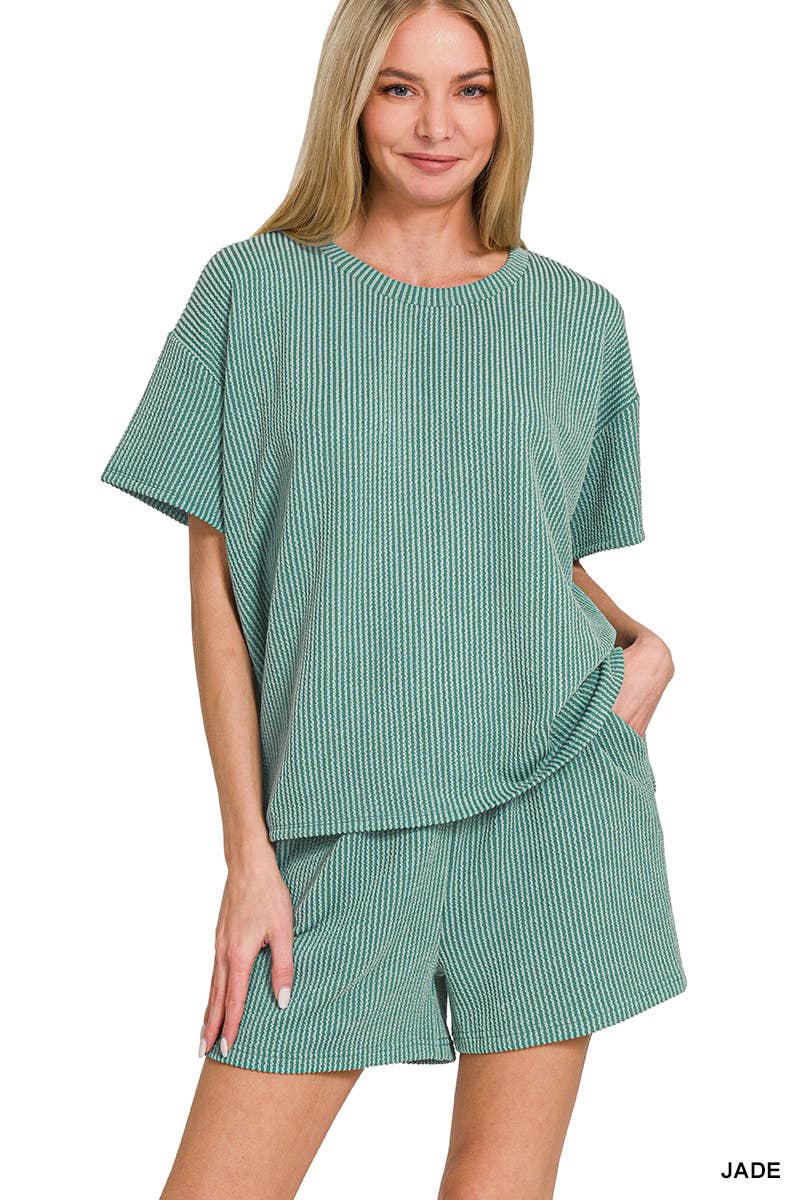 `.Corded Rib Short Sleeve Tee & Short Pants 2PC Set: DUSTY BLUE-183672 / S