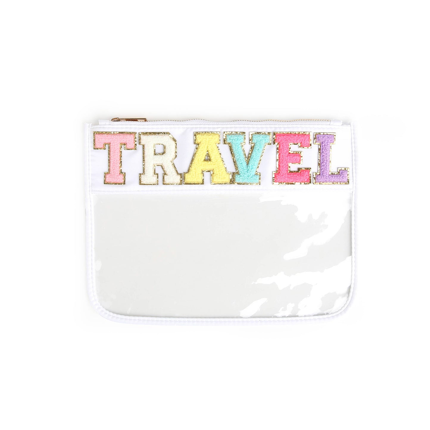 Varsity Letter Patch Clear Zippered Pouch Bag: Purple with THINGS