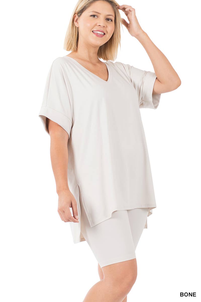 SI-19985 Plus size Hi Low Hem Top & Biker Shorts 2pc Set: +ASHGREY-139919 / 3X
