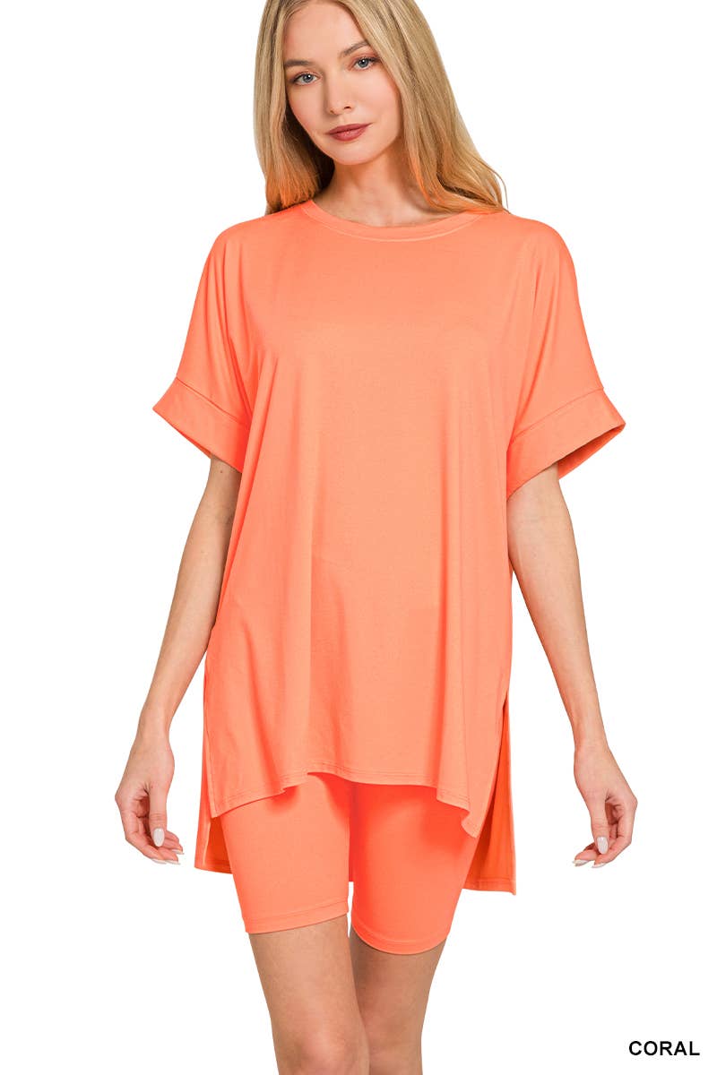 `.Microfiber Top & Biker Shorts 2 Pc Set: CORAL-184059 / S