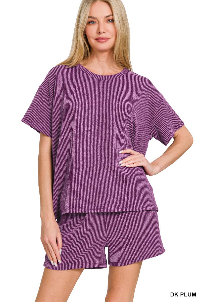 `.Corded Rib Short Sleeve Tee & Short Pants 2PC Set: DUSTY BLUE-183672 / XL