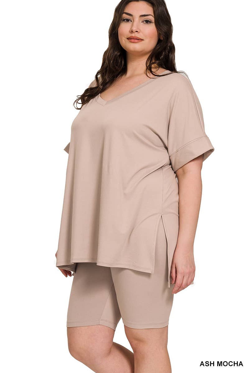 SI-19985 Plus size Hi Low Hem Top & Biker Shorts 2pc Set: +ASHGREY-139919 / 2X