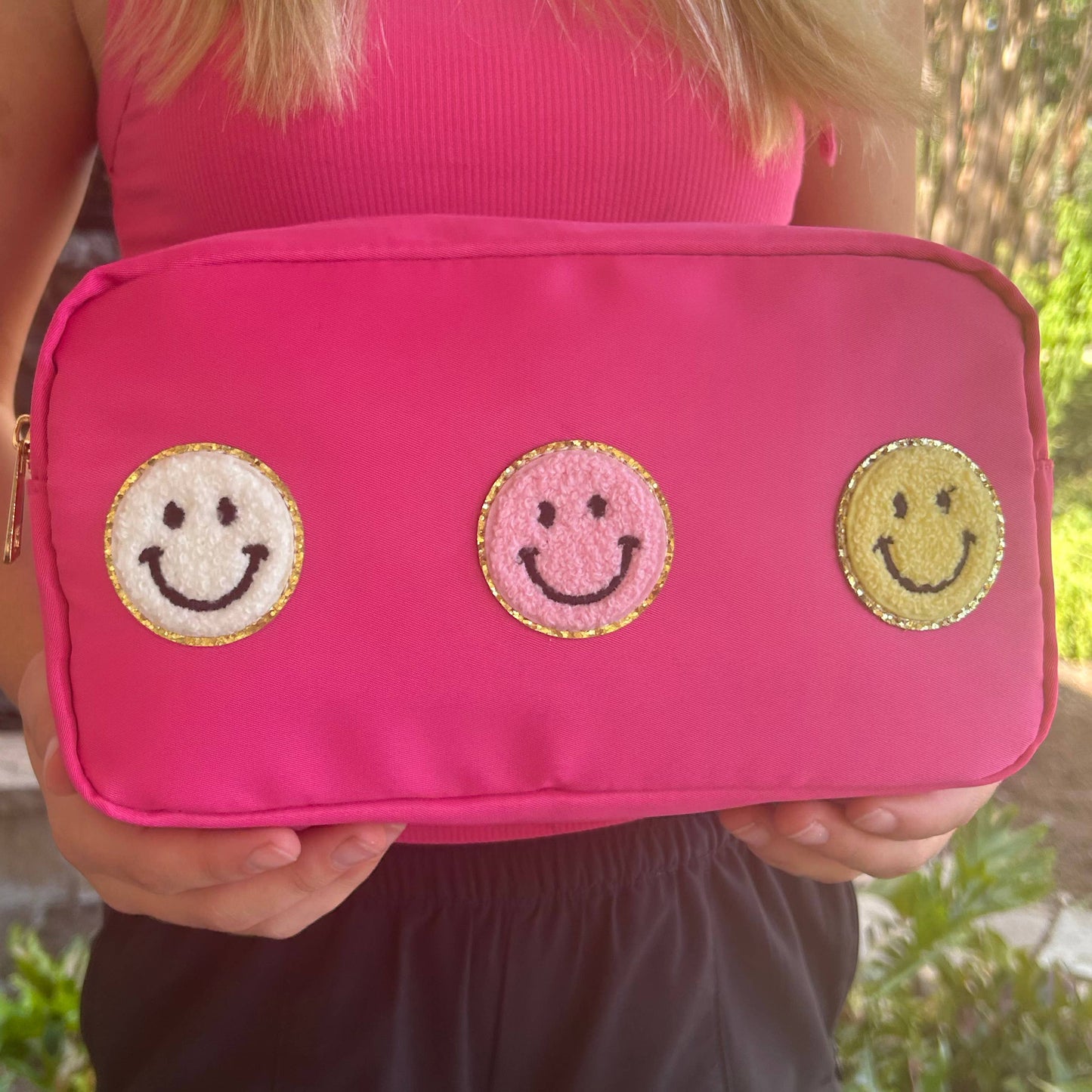 Cosmetic or Toiletry Bag with Varsity Letter Patches: Dark Pink with 3 smile patches