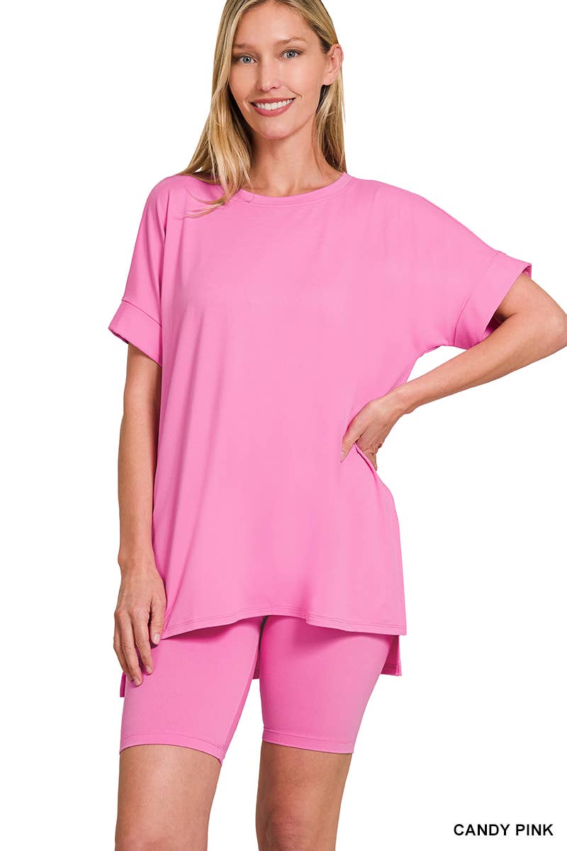 `.Microfiber Top & Biker Shorts 2 Pc Set: CORAL-184059 / XL
