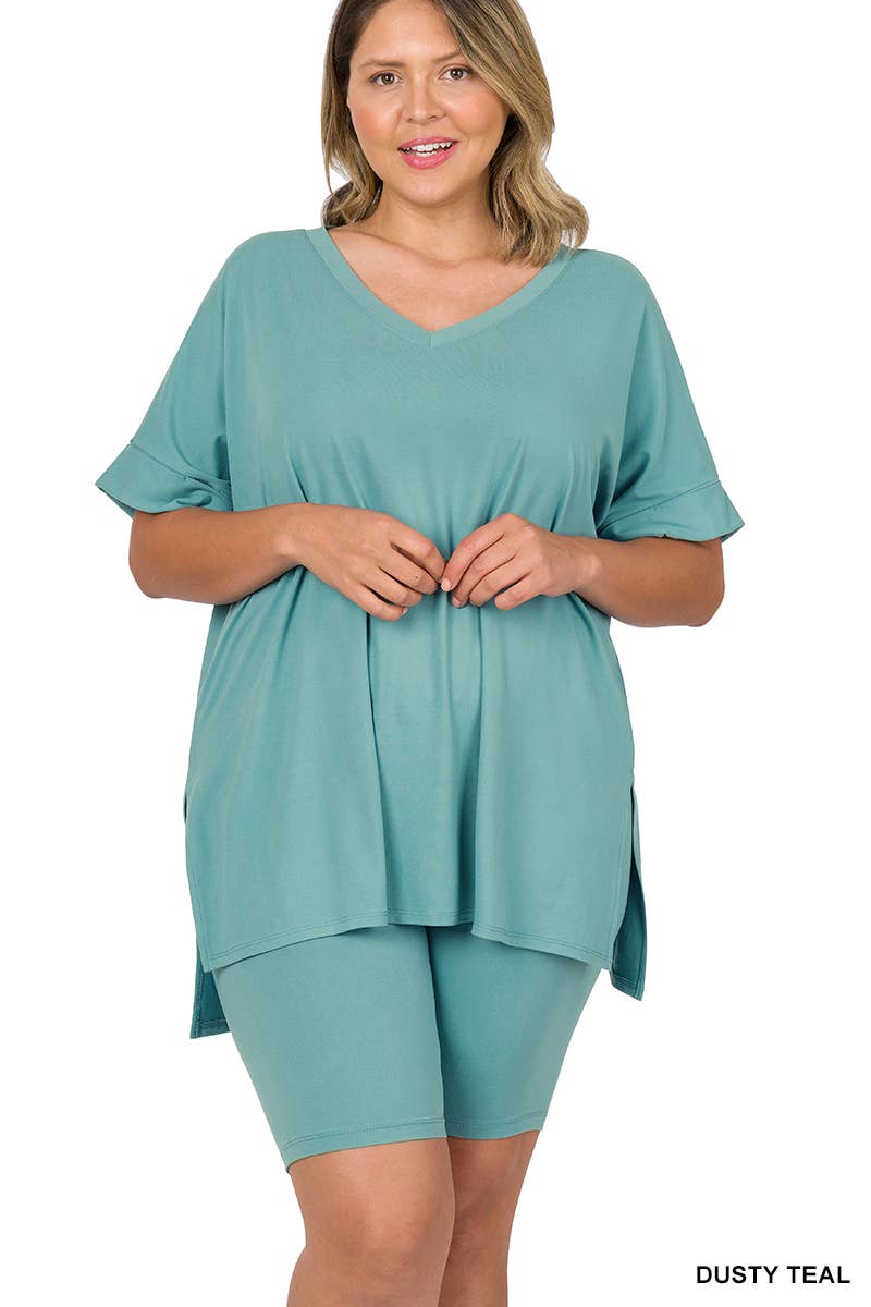 SI-19985 Plus size Hi Low Hem Top & Biker Shorts 2pc Set: +ASHGREY-139919 / 1X