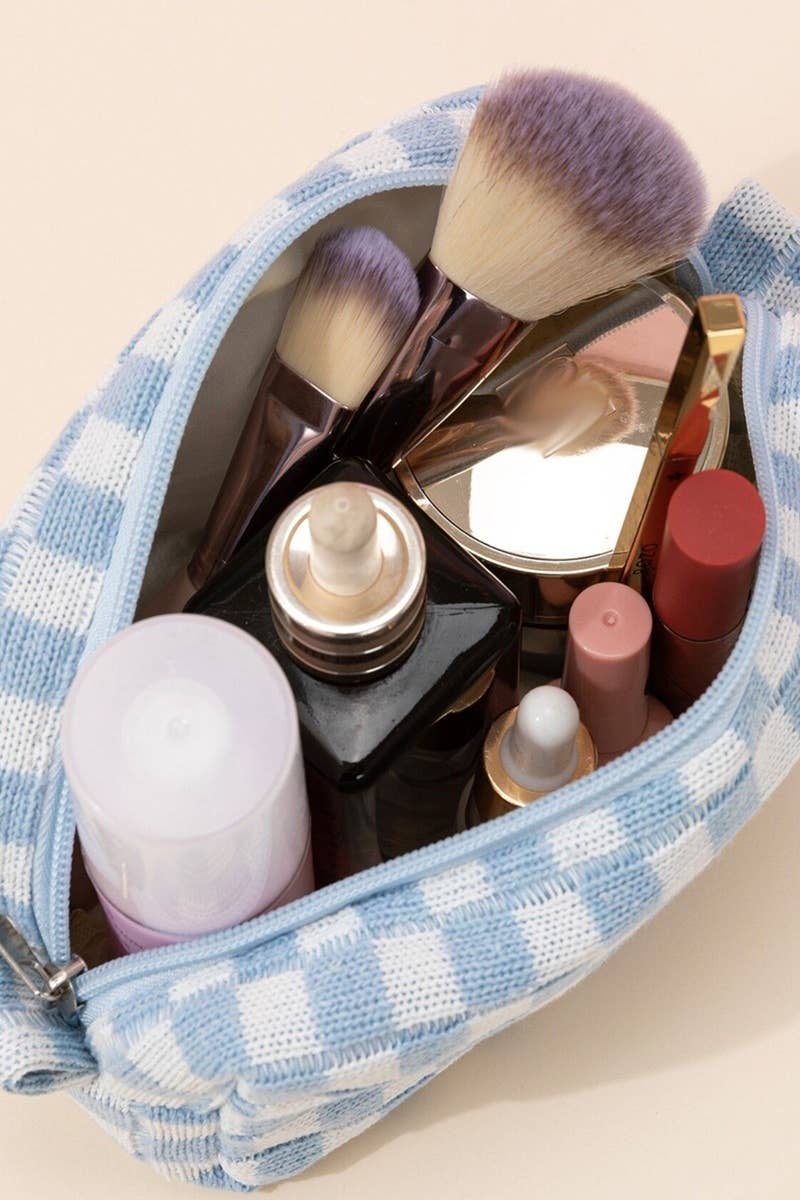 Checkered Makeup Cosmetic Pouch Bag: Pink / 1 (ONE SIZE)