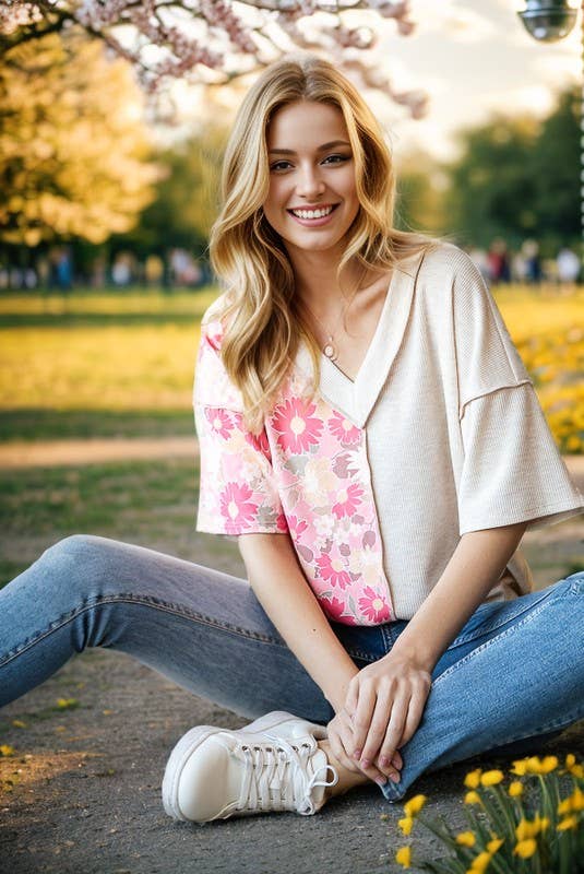 ET7547-12 SOLID AND FLORAL TOP: PEACH / 2-2-2 (1X-2X-3X)