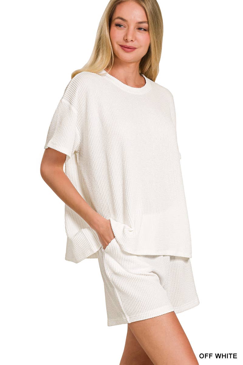 `.Corded Rib Short Sleeve Tee & Short Pants 2PC Set: DUSTY BLUE-183672 / XL