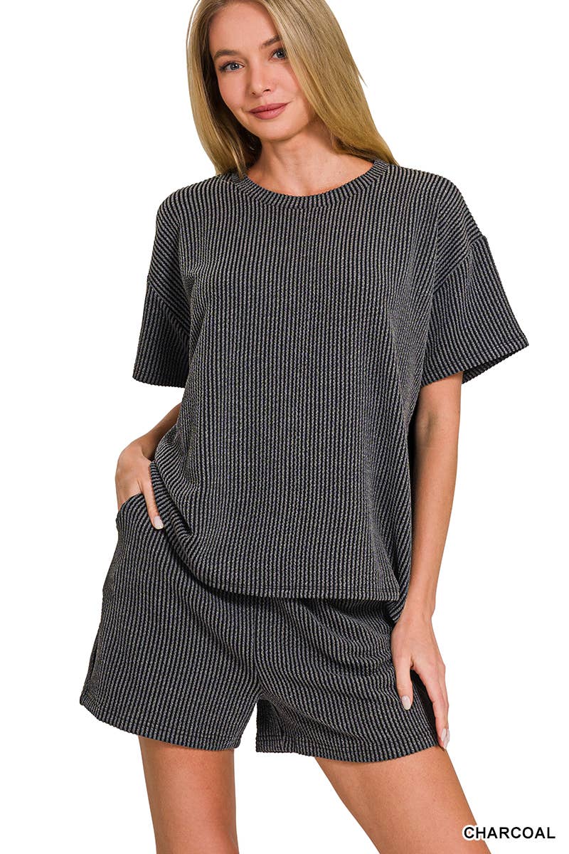 `.Corded Rib Short Sleeve Tee & Short Pants 2PC Set: DUSTY BLUE-183672 / L