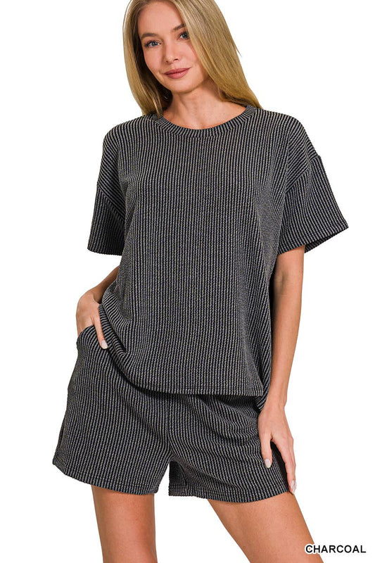 `.Corded Rib Short Sleeve Tee & Short Pants 2PC Set: DUSTY BLUE-183672 / XL