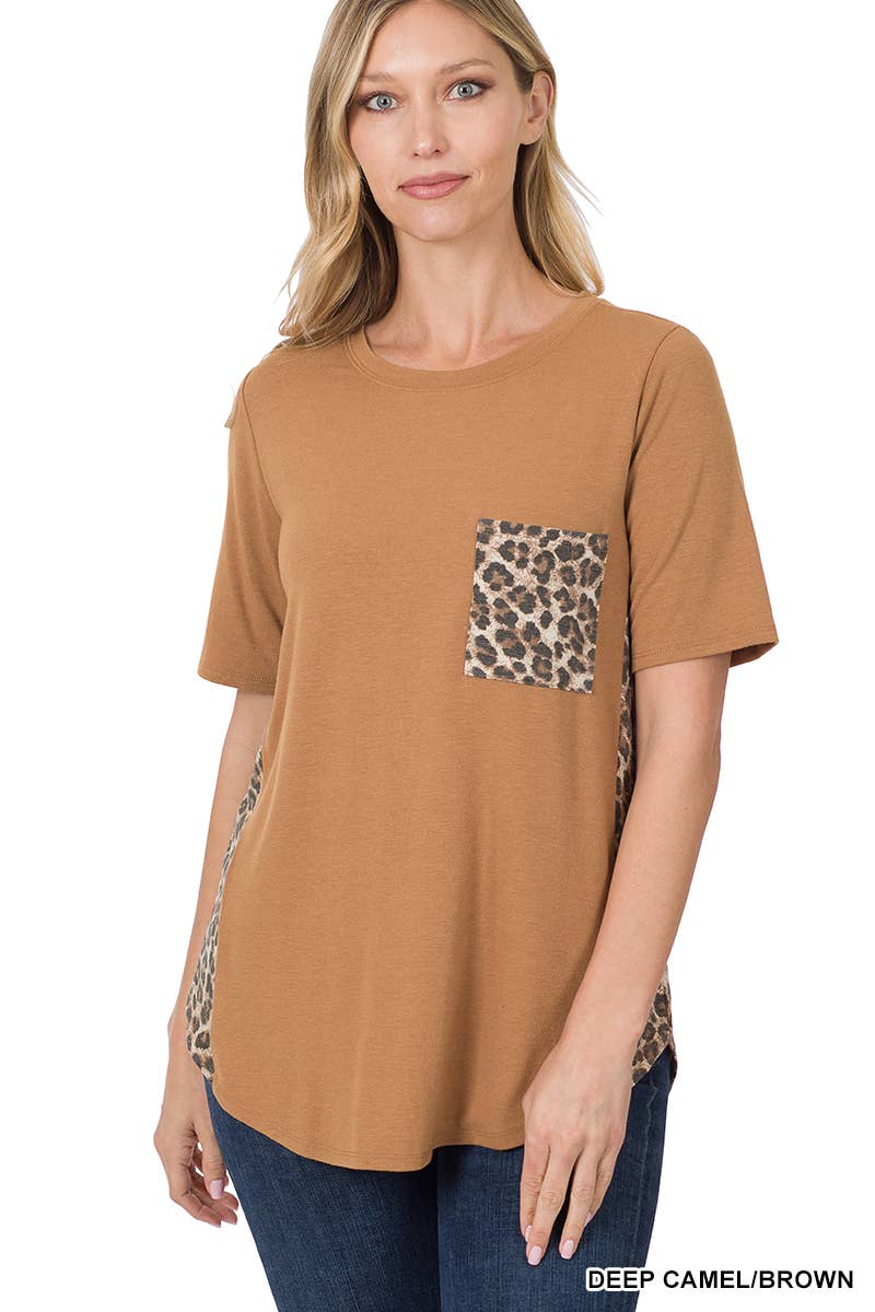 Contrast Side Panel Leopard Front Pocket Top: DEEP CAMEL/BROWN / 1-1-2-2 (S-M-L-XL)