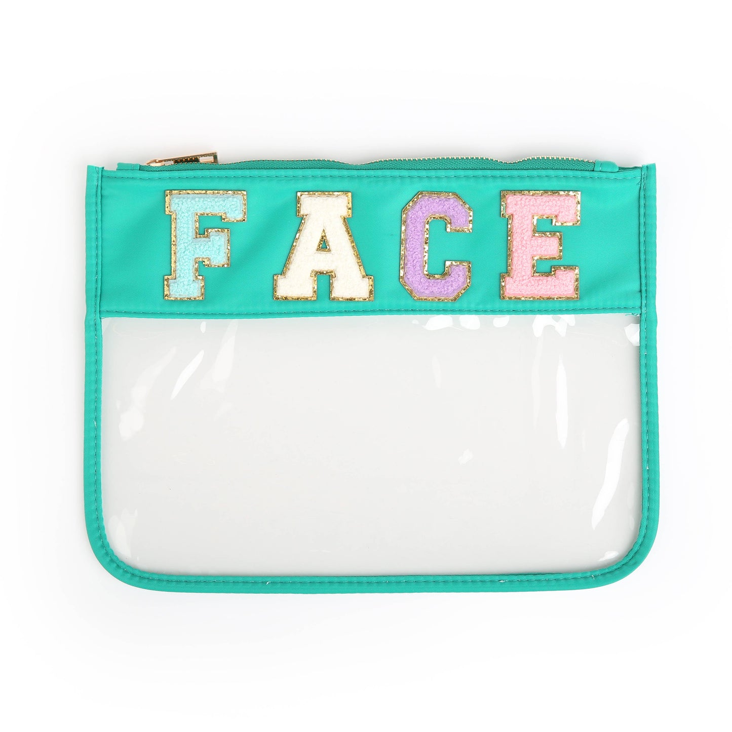 Varsity Letter Patch Clear Zippered Pouch Bag: White with TRAVEL