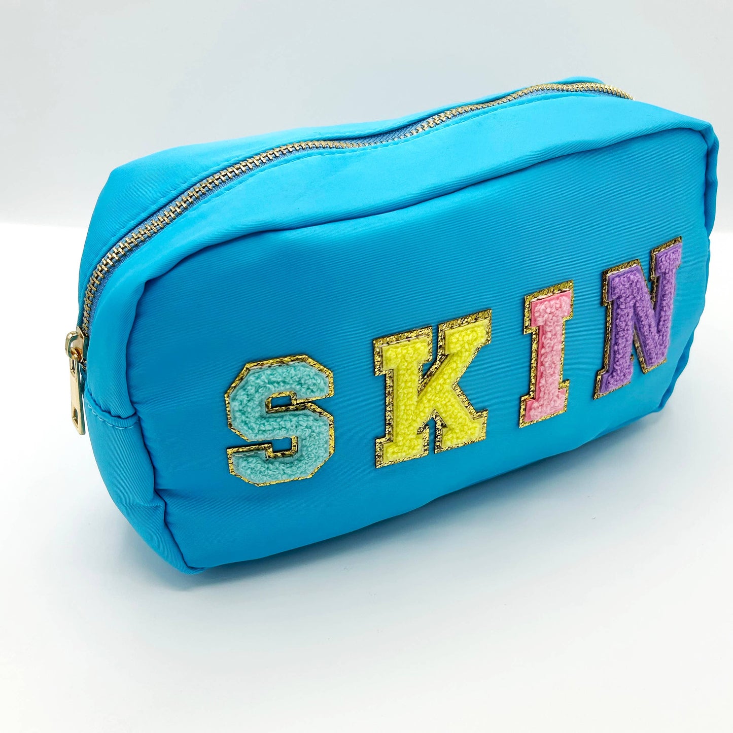 Cosmetic or Toiletry Bag with Varsity Letter Patches: Dark Pink with 3 smile patches