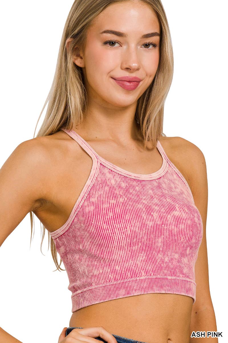 ",,,,,.Premium Washed Seamless Halter Racerback Crop Tank: HOT PINK-180307 / L/XL