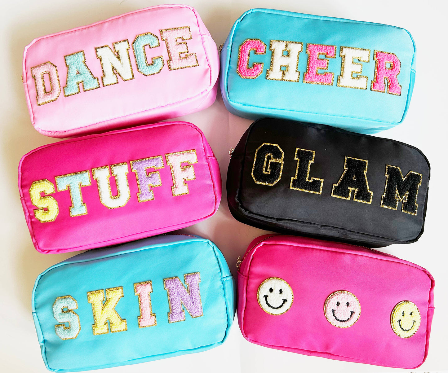 Cosmetic or Toiletry Bag with Varsity Letter Patches: Light Blue with SKIN