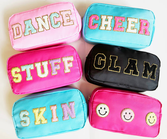 Cosmetic or Toiletry Bag with Varsity Letter Patches: Dark Pink with 3 smile patches