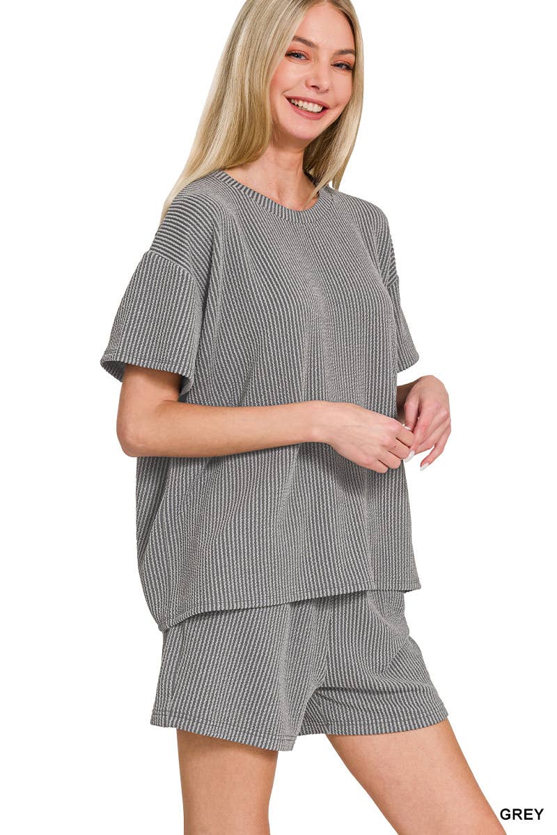 `.Corded Rib Short Sleeve Tee & Short Pants 2PC Set: DUSTY BLUE-183672 / L
