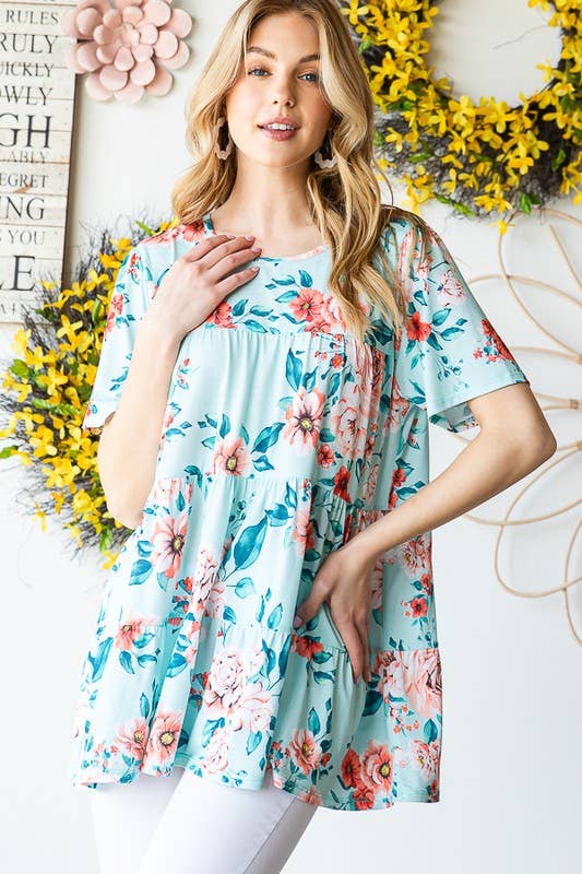 ET7279-10  FLORAL TIERED TOP: MINT / 2-2-2 (S-M-L)